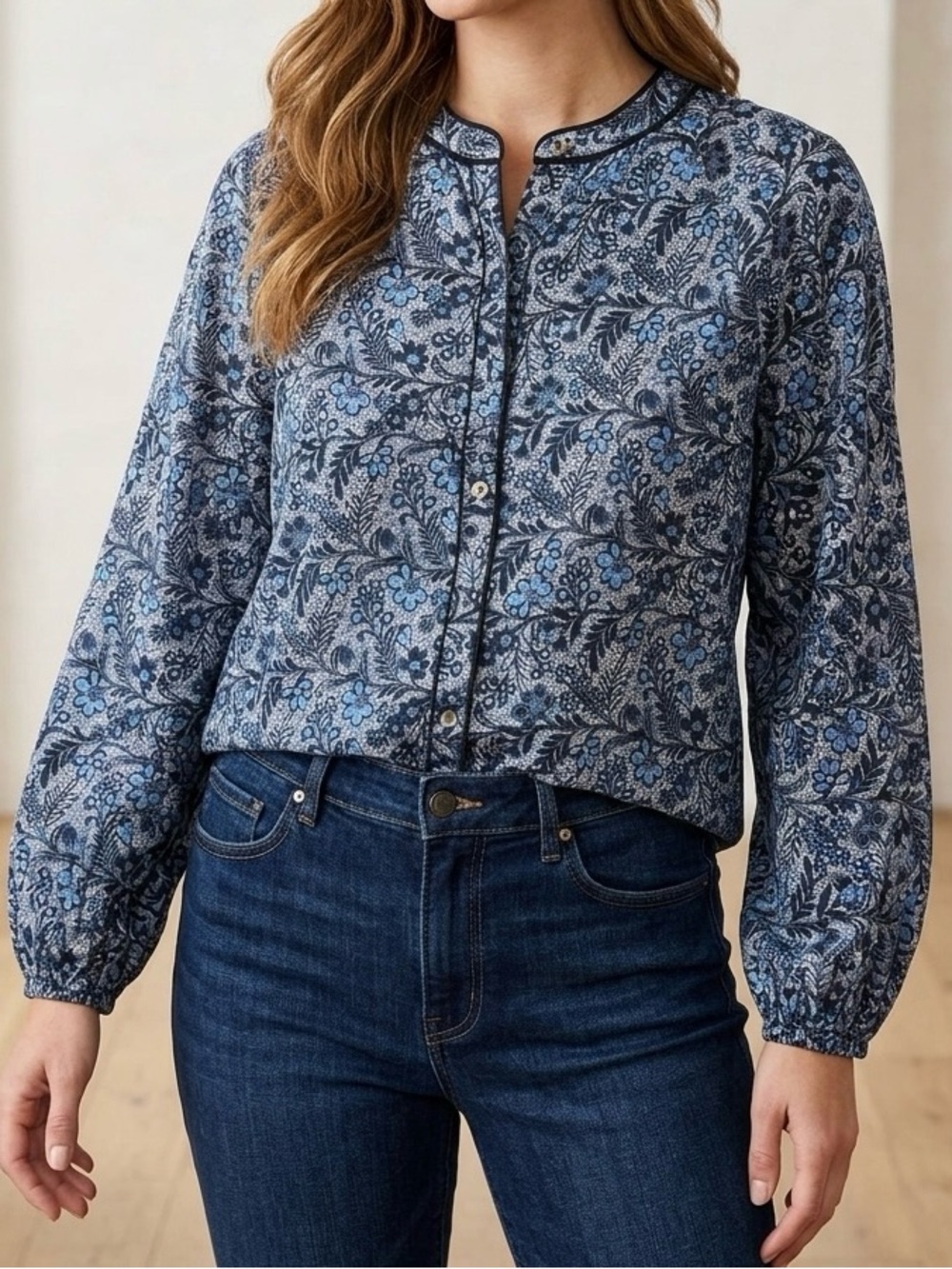 Evereve Sheila Floral Batik Piped Button Front Top